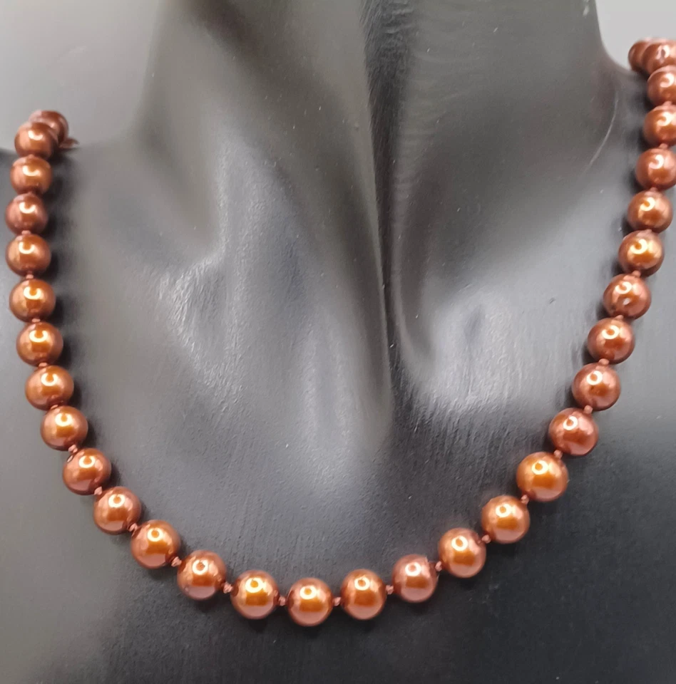 Collar de perlas de chocolate de plata de ley 6 mm marrón/bronce 6 mm anudado a mano 19,5" Foto 3 de 4