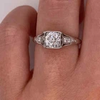 Vintage Art Deco Style  Lab Created Diamond 14K White Gold FN Engagement Ring