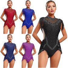 Womens Lyrical Dance Leotard Costume Rhinestones Tassel Performance Dancewear