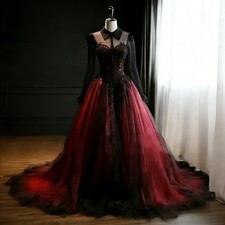 Gothic Black And Red Wedding Dress Illusion Long Sleeves Lace Appliques A-Line