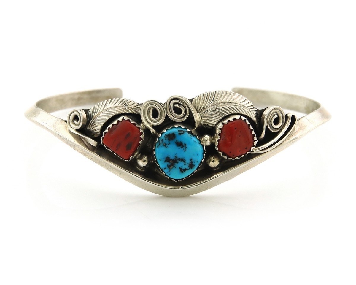 Navajo Cuff Bracelet Sterling Silver Natural Coral Turquoise Sign