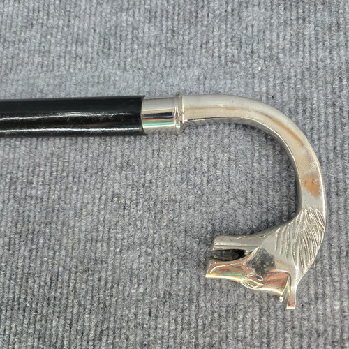 Silver Brass Wolf Head Handle Walking Stick Cane Victorian Black Wood 39"