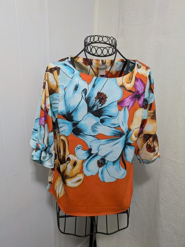 Chicos Size 0 Ladies Multicolor Bold Floral Silky Blouse - Picture 2 of 4