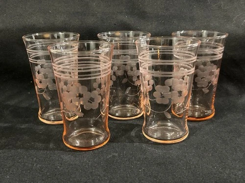 MCM Pink Depression Cordial or Shot Glasses Five Produced 1930's Etched Roses