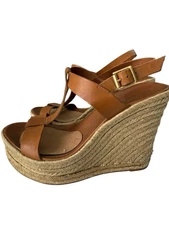 Dellmann Women’s Size 7 Tan Leather Espadrille Wedge Sandals Platform Heel