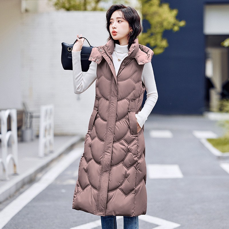 Women's new hooded mid to long style slimming down cotton vest jacket