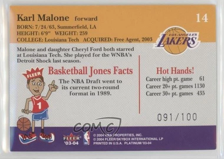 2003-04 Fleer Platinum Platinum /100 Karl Malone #14 HOF - Image 2 of 2