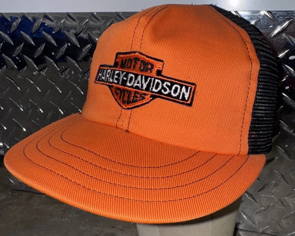 Vintage Harley Davidson Trucker Hat Mesh Snapback Orange Denim Made In USA 80s - Image 3 of 4