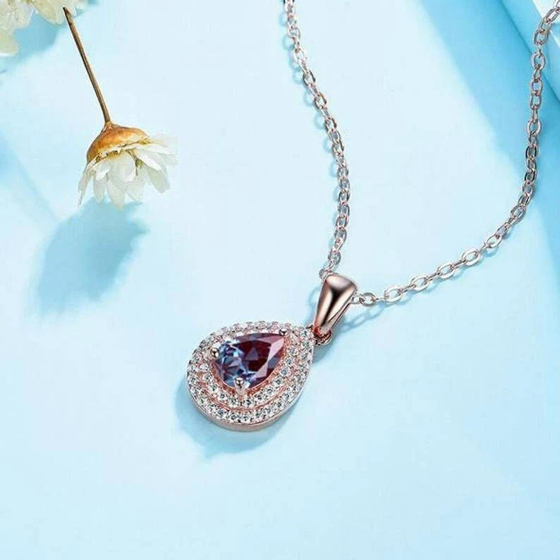 Pear Alexandrite Necklace June Birthstone Color Changing Pendant Silver Pendant - Image 4 of 4