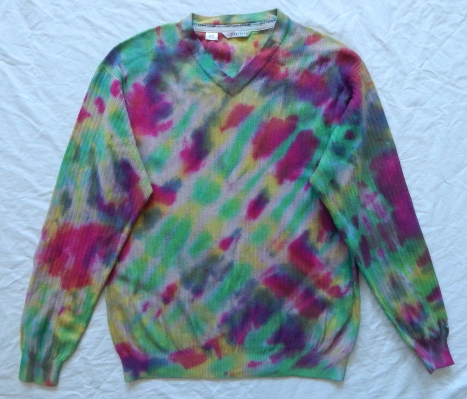 Tie Dye Pink Green V-Neck Pullover Sweater Medium Mens Cotton Hand Made Striped - Image 3 of 4