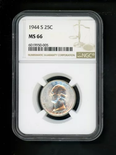 1944-S US Washington Quarter 25c .25 NGC MS66 Gem UNC Ch Bright White Spot Free