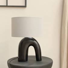 Image of Lia Black Abstract Arch Ceramic Table Lamp Fabric Drum Lampshade Bedroom Light