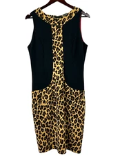 MD NY Women Sz 12 Dress Sleeveless Sheath Bodycon Leopard Print Black Side Panel