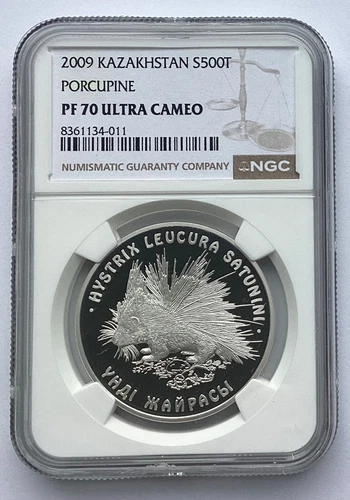 KAZAKHSTAN 500 TENGE SILVER FAUNA WILDLIFE  PORCUPINE NGC PF 70 2009