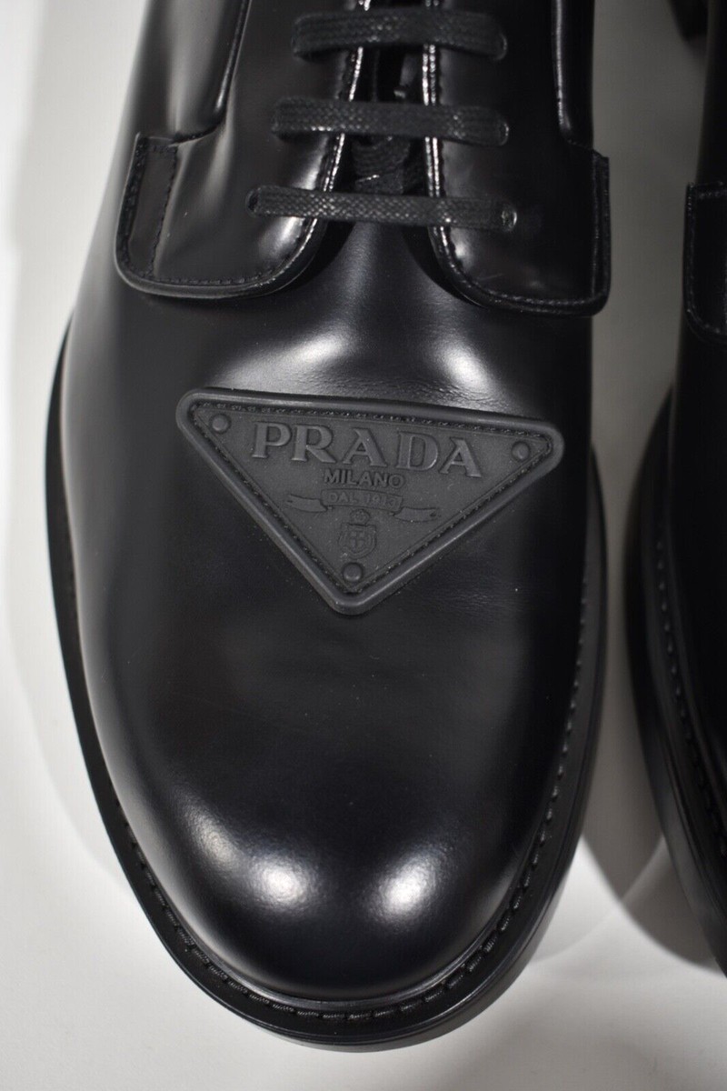 Prada Black Brushed Leather Triangle Logo Derby Loafer Lace Up Flat UK 12 US 13 s-l400.jpg main image 4