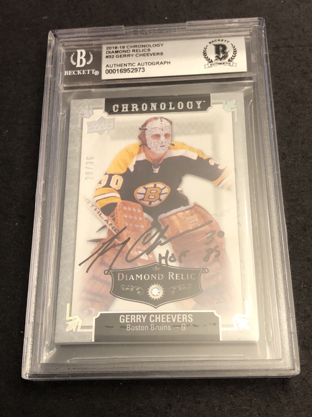 Beckett 10 Auto Gerry Cheevers Autographed Diamond Relic 20/36 Signed Slabbed 