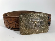 Brown Black Tooled Leather Belt Boys Youth Size 24 1.5" Wide Western w/ Buckle