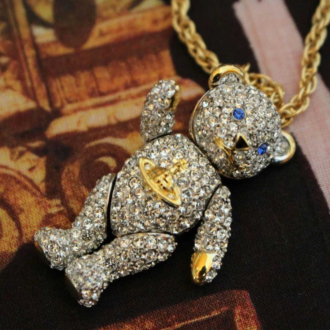 Vivienne Westwood Crystal Teddy Bear Pendant Necklace Gold 75cm/29.53in New
