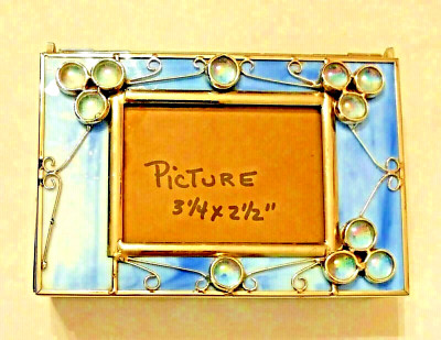 JEWELRY BOX Blue Glass Mirrored Bottom Beveled Flower Design Picture Holder Lid