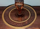 Vintage Elegant Pink Depression Glass Etched With Two Gold Bands 10"
