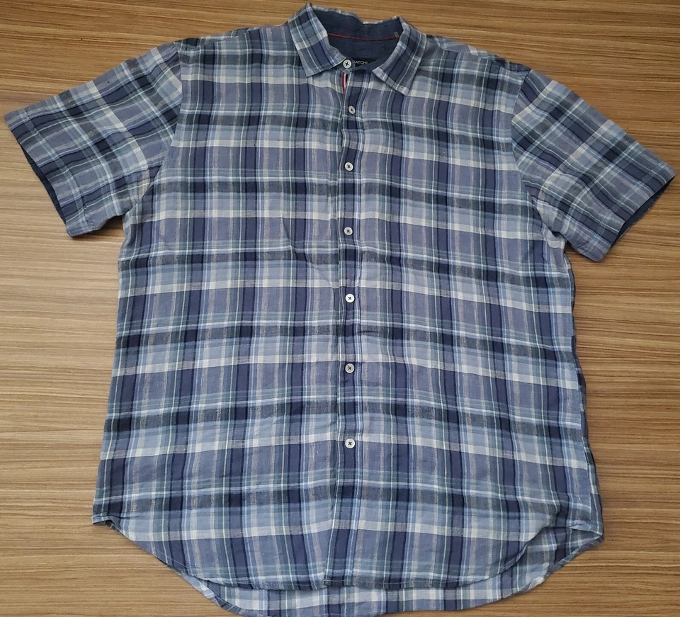 BUGATCHI UOMO Linen B/F Shirt Blue Plaid Stripes Men's XL XLG Club Lounge Beach - Image 2 of 3