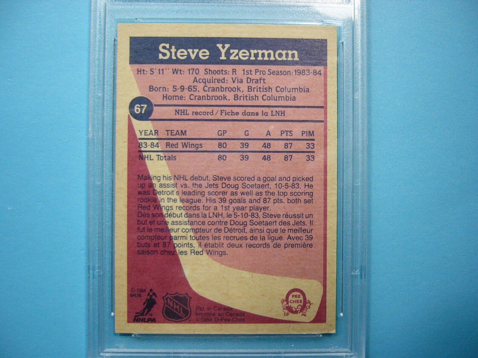 1984 1984/85 O-PEE-CHEE HOCKEY CARD #67 STEVE YZERMAN ROOKIE RC PSA 8 NM/MT OPC