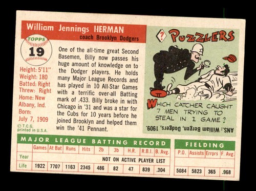 1955 Topps #19 Billy Herman (HOF) EX-MT - Imagen 2 de 2