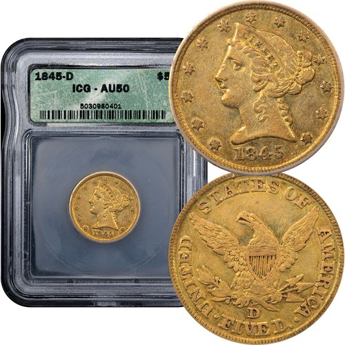 1845-D Liberty Gold Half Eagle $5 ICG AU50