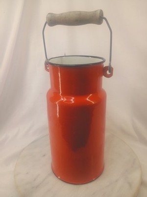 Vintage Orange Enamelware Enamel 9.5'' Milk Jug Can with Wood Handle 