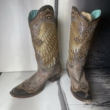 Corral Tabaco Leather Wing Cross Studs Crystal Western Women Boot Sz 10.5M A3771
