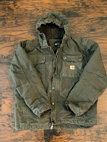 Carhartt Men’s Hooded Sherpa Lined Work Jacket Green Cotton Size M