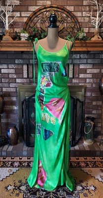 Acne Studios Dayla Green Graphic Printed Satin Wrap Maxi Dress EU Size 38 US 6