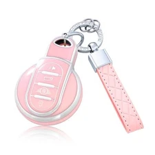 Key Fob Cover with Keychain for Mini Cooper F54 F55 F56 F57 F60 4-Buttons Pink