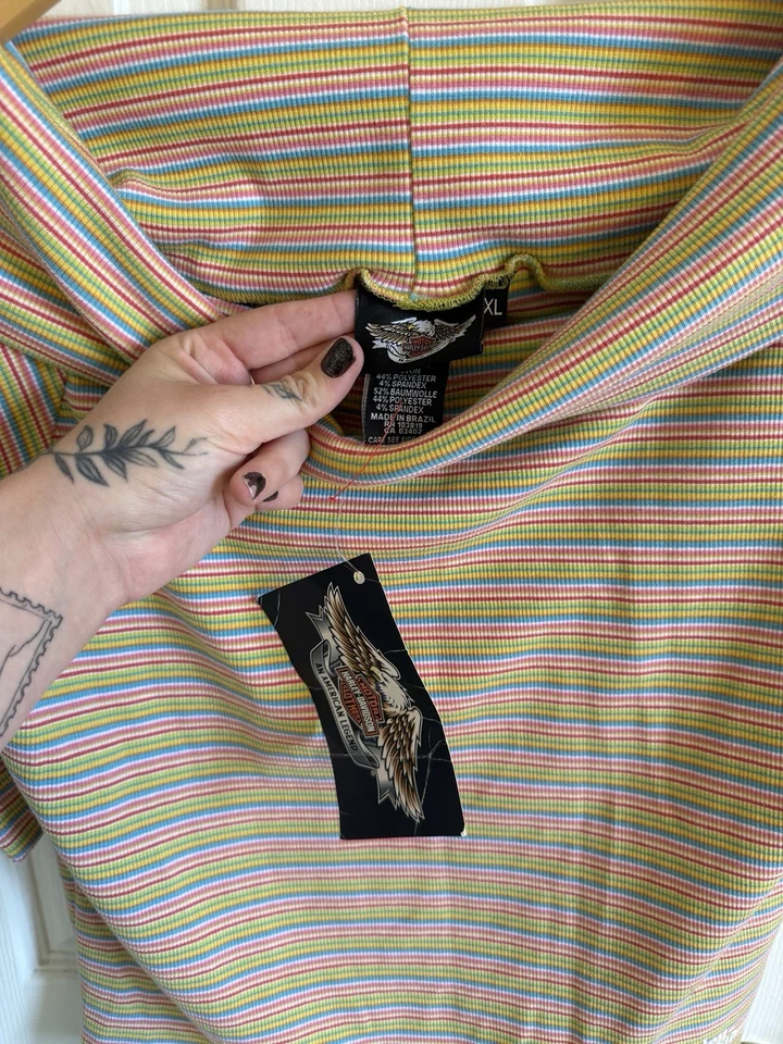 Новый Harley-Davidson женщин винтажный Y2K полоски с плеча Топ размер S - Изображение 4 из 4