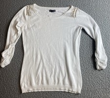 Express Women s White Solid Knit Scoop Neck Studded Pullover Sweater XS