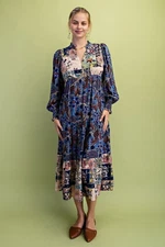 Gigio  by Umgee Navy Mixed Print Tiered V-Neck Midi Dress w/Ruffled Neck
