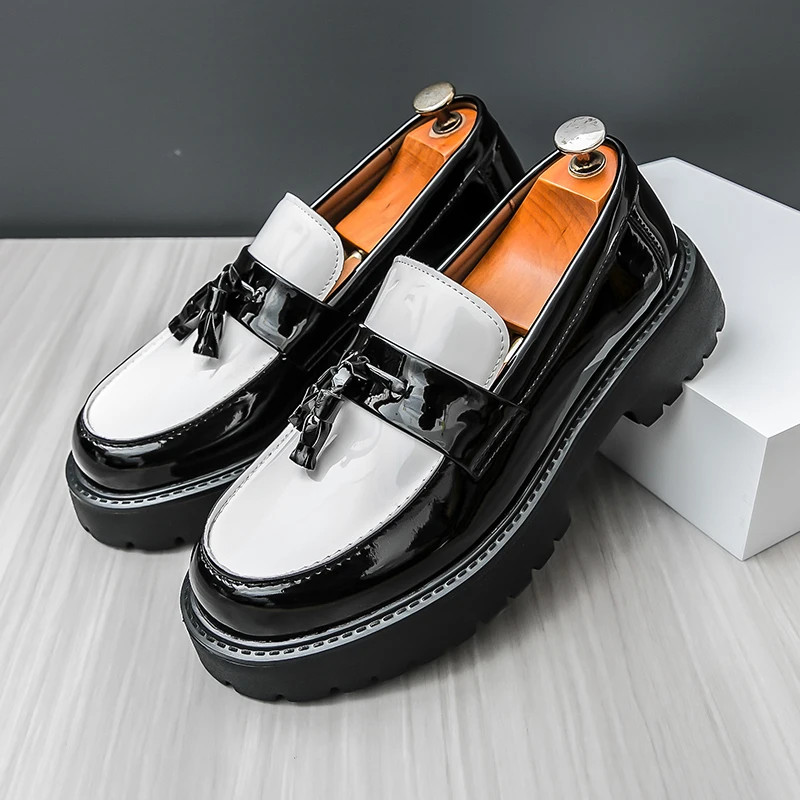 Zapatos informales para hombre de cuero PU sin cordones suela de rejilla plataforma charol zapatos