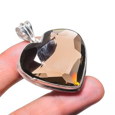 Facettierter Rauchquarz Edelstein 925 Sterling Silber Herz Schmuck Anhänger 1,7'' m89