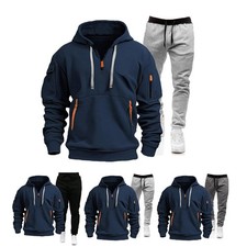 Mens 2Pc Sports Suit Hooded Zipper Sweatshirt Leggings Soft Breathable Polyester
