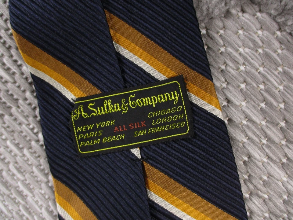 Corbata vintage A Sulka & Company para hombre azul/naranja estampado diagonal a rayas seda Foto 4 de 4