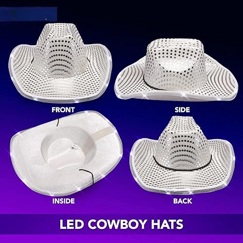 LED Light Up Sequin Cowboy Hats Bulk Lot – Neon Western Party Rave – Party Glowz - Image 2 of 3