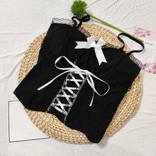 Women Lace Trim Tank Top Padded Corset Camisole Bow Tie and Crisscross Lacing