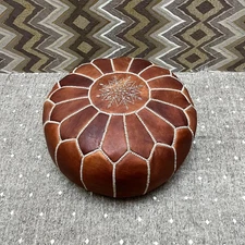 Handmade Moroccan Leather Pouf Ottoman: Boho Footstool, Meditation Cushion
