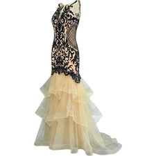 NEW Camille La Vie Cocktail Prom Maxi Formal Blue Gold Lace Long Evening Gown 4