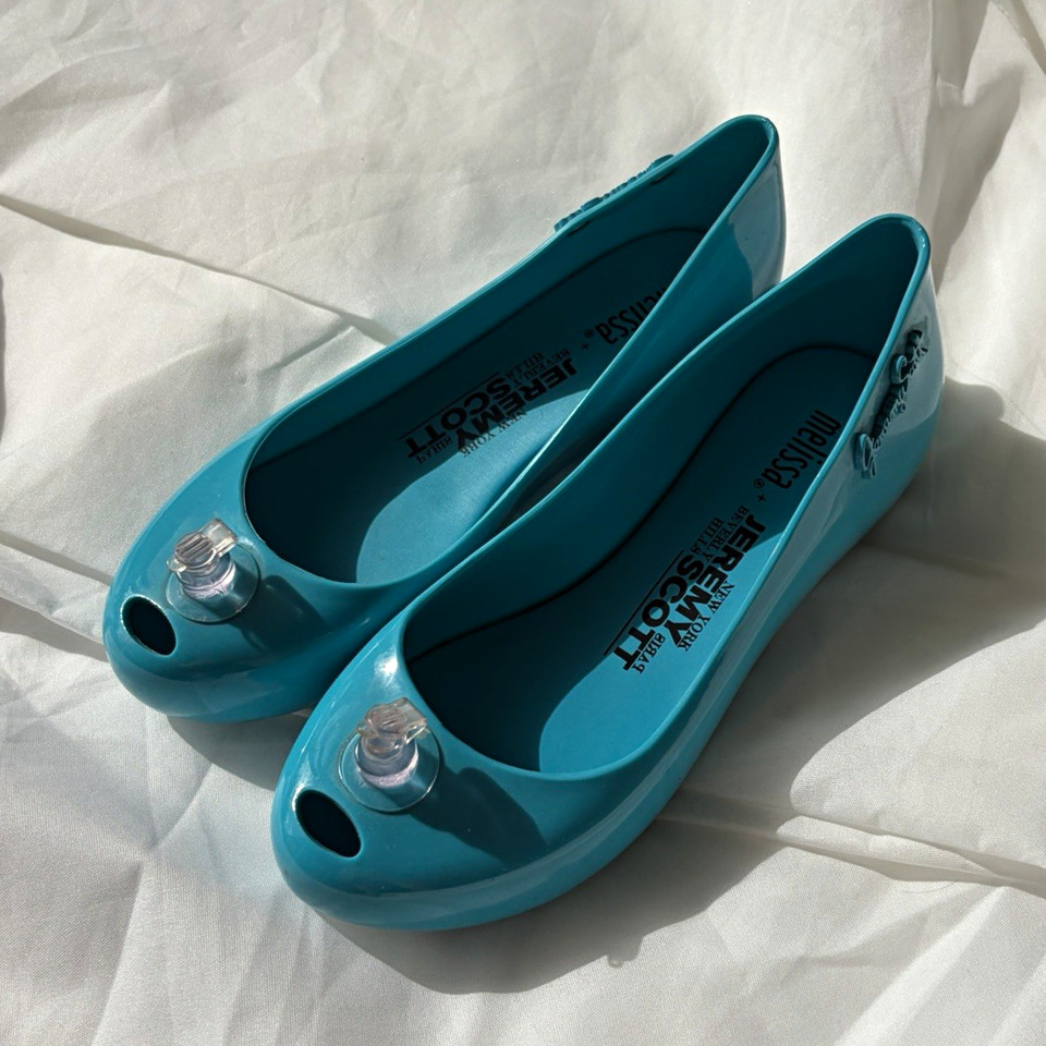 Jeremy Scott Melissa Blue Jelly Plastic Ballet Flats Bow Slip
