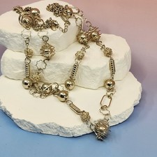 LBVYR Silver Tone Mixed Link Wire Cage Bead 32in Long Statement Necklace Vintage