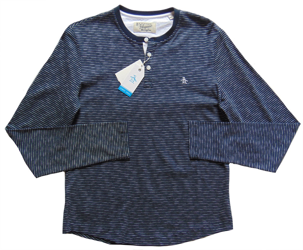 Men's PENGUIN Navy Blue White Striped Henley Shirt XXL XX-Large