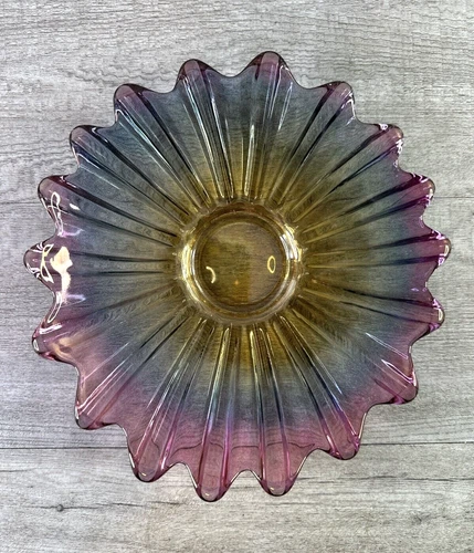 Vtg Art Glass Celestial Iridescent Carnival Federal Glass Purple Edge Dish 9"
