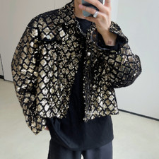 Bar Stage Man Singer Shiny Jacket Loose Coat Nightclub Glitter Sequined Costume
