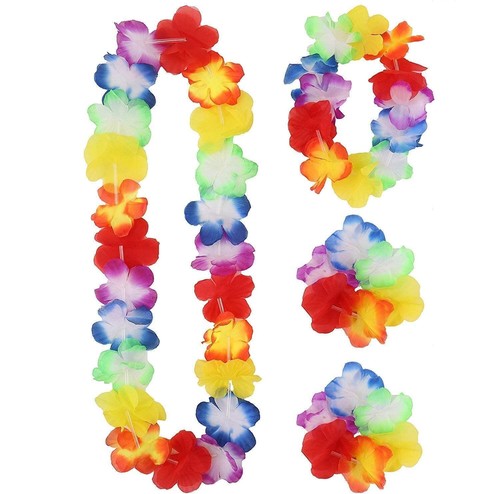 10 x Hawaiian Flower Garland Head Wrist Set Tropical Beach Party 4pc Fancy Dress - Picture 2 of 3